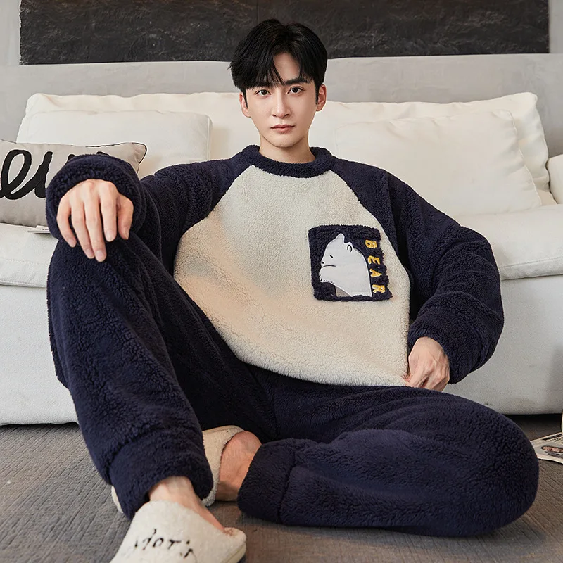 

Winter Warm Plush Pajamas Set Men's Winter Flannel Pullover Trousers Homesuit Can Be Worn Outside Korean Coral Fleece Loungewear