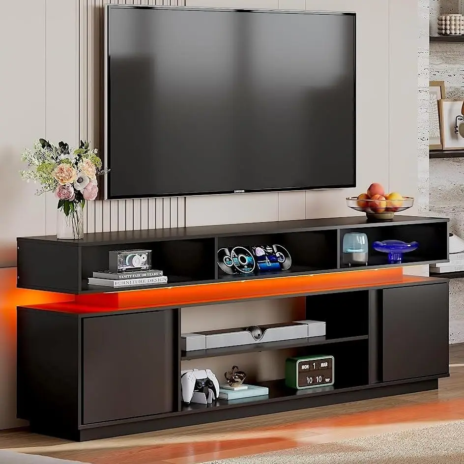 WLIVE Modern TV Stand for 75 Inch TV, 2 Tier Entertainment Center with RGB LED Lights & Storage Cabinets, Media TV Console Gaming Television Stands for Living Room, Bedroom, Black