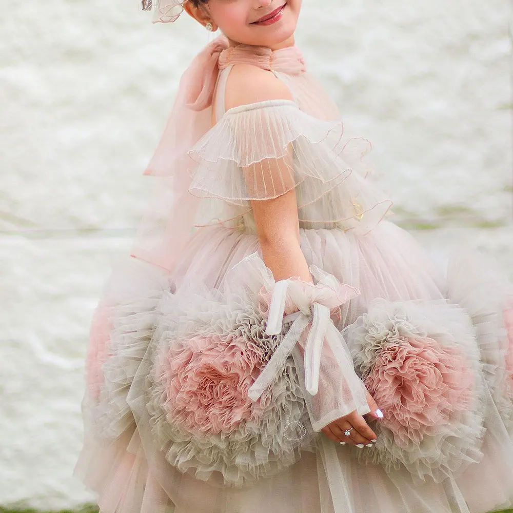 Jill Wish Luxury Floral Arabric Girl Dress Handmade Flowers Kids Princess Birthday Wedding Party Children Holiday Gown 2024 J302