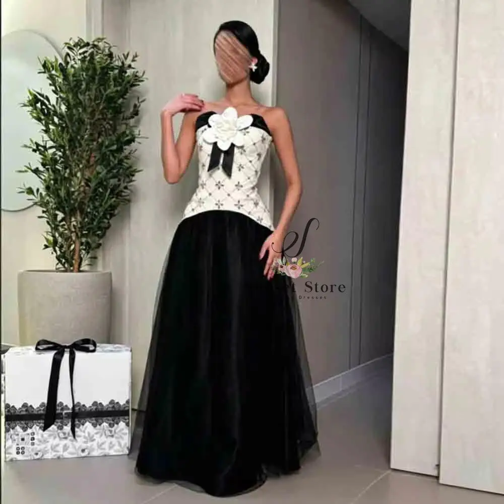 Customized Black and White Strapless Ball Gown with 3D Flower, Beaded Bodice Tulle Skirt Formal Evening Dress - view 2