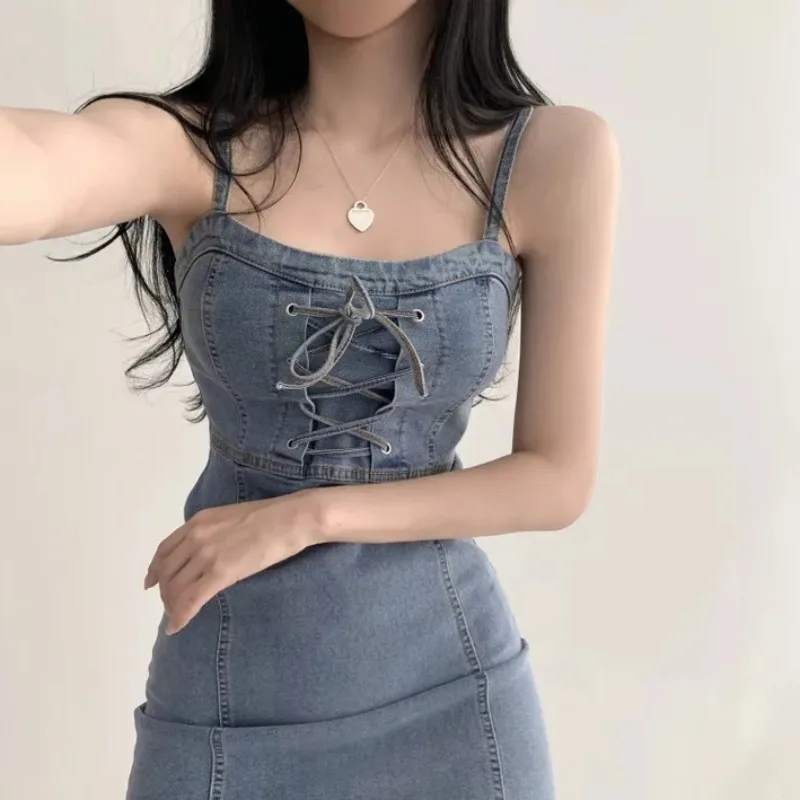 

Sling Denim Dress Female Summer New Korean Fashion Lace-up Waist-Controlled Slimming Sexy Hip Skirt Y2k Mini Dress