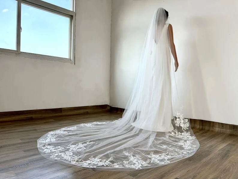 

Floral Lace Applique Cathedral Bridal Veil 118 Inch Long Wedding Veil with Metal Comb for Brides Veil