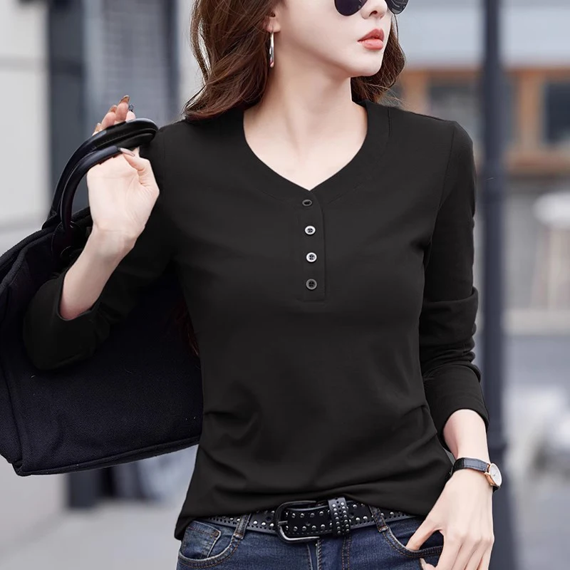 

New Women Cotton T-shirt Spring Summer Fashion V-Neck Long Sleeve Folds Slim Tees Casual Simplicity Easy match Stretch T-shirt