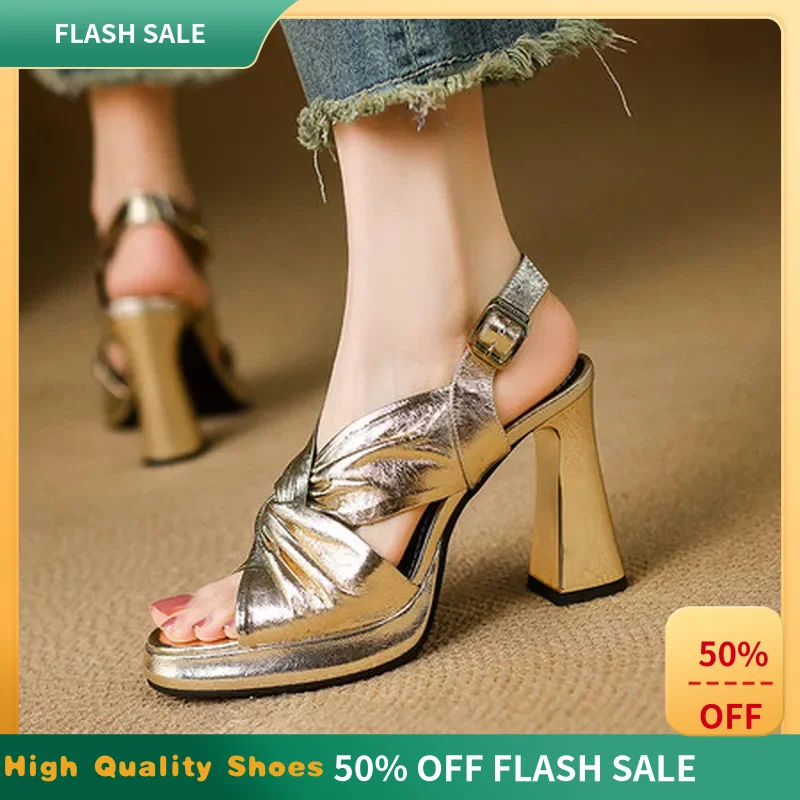 Women Genuine Sheep Leather Twist Slingback Sandals Open Toe Platform Block Heel TPR Sole Pig Summer Party Shoes F290