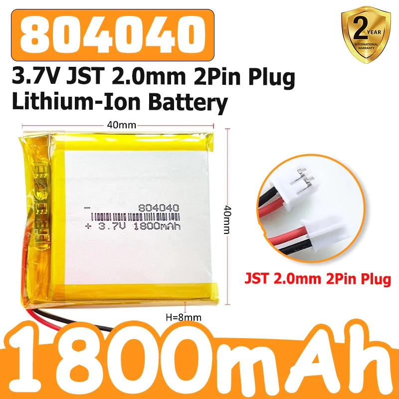 1-10PCS 3.7V 1800mAh Li-Rechargeable Battery 804040 JST 2.0mm 2Pin Plug For MP3 GPS Navigator DVD Recorder Headset E-book Camera