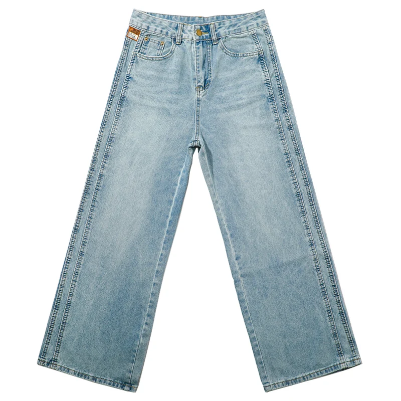Pantalones vaqueros de pierna recta de cintura alta para mujer, pantalones de pierna ancha drapeados finos y sueltos, pantalones vaqueros elásticos de algodón azul de verano