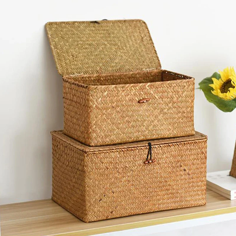 Handwoven Seagrass Storage Box with Lid, Wicker Basket Box, Desktop Makeup Organizer, Multipurpose Container, Organizers