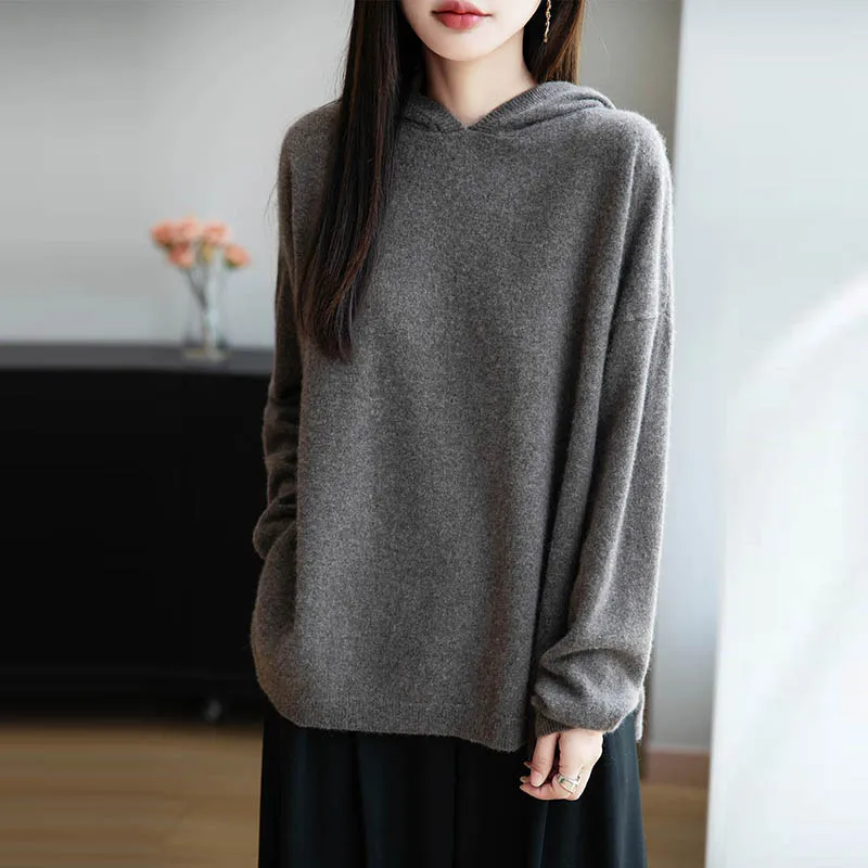 

MEETCC Women's 100% Merino Wool Hooded Pullover Sweater Solid Color Pockets Design Hoodie Cashmere Clothing Soft Warm Knitwears