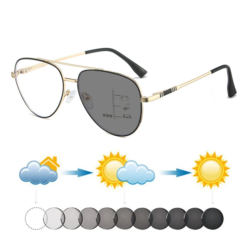 Nouvelles Lunettes de Soleil Pilote Photochromiques Progressives pour Hommes, Verres Multifocaux pour Vision de Près et de Loin, Hypermétropie, Personnalisables