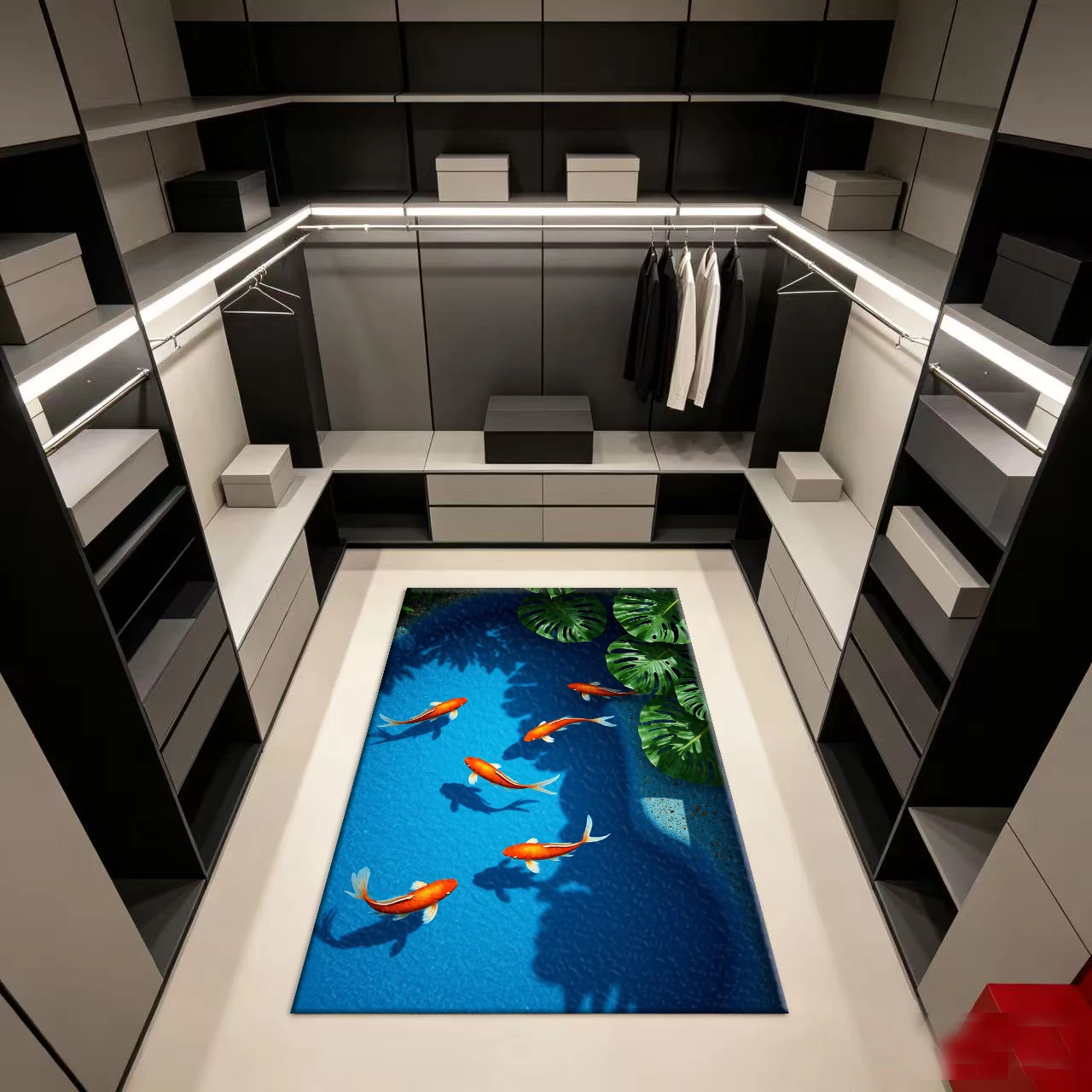 Gold Koi Fish Monstera Leaf Carpet Flooring Tropical Aquatic Scenery Anti‑Slip Floor Rug for Home Decor view 3