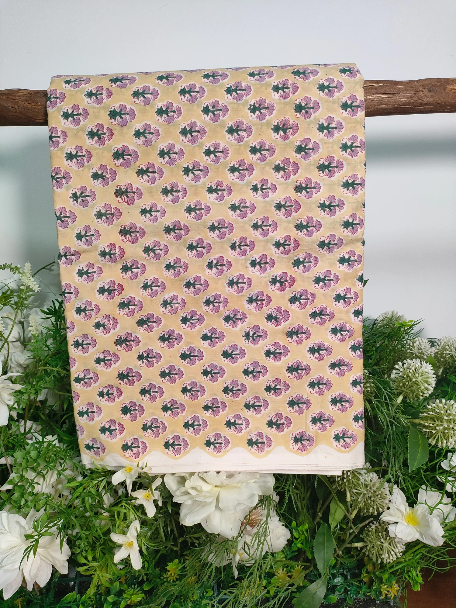 

India Vintage Floral Hand Block Print Cotton Fabric Sewing Material Yellow Flowers for Crafting And DIY Projects