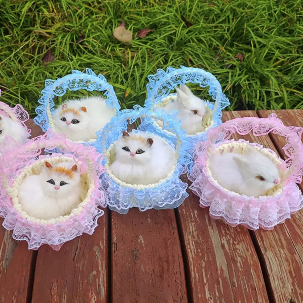 With Hanging Basket Simulation Rabbits Toy Figurines Miniatures Simulation Cat Doll Mini Realistic Plush Sleeping Cats Kids Toys