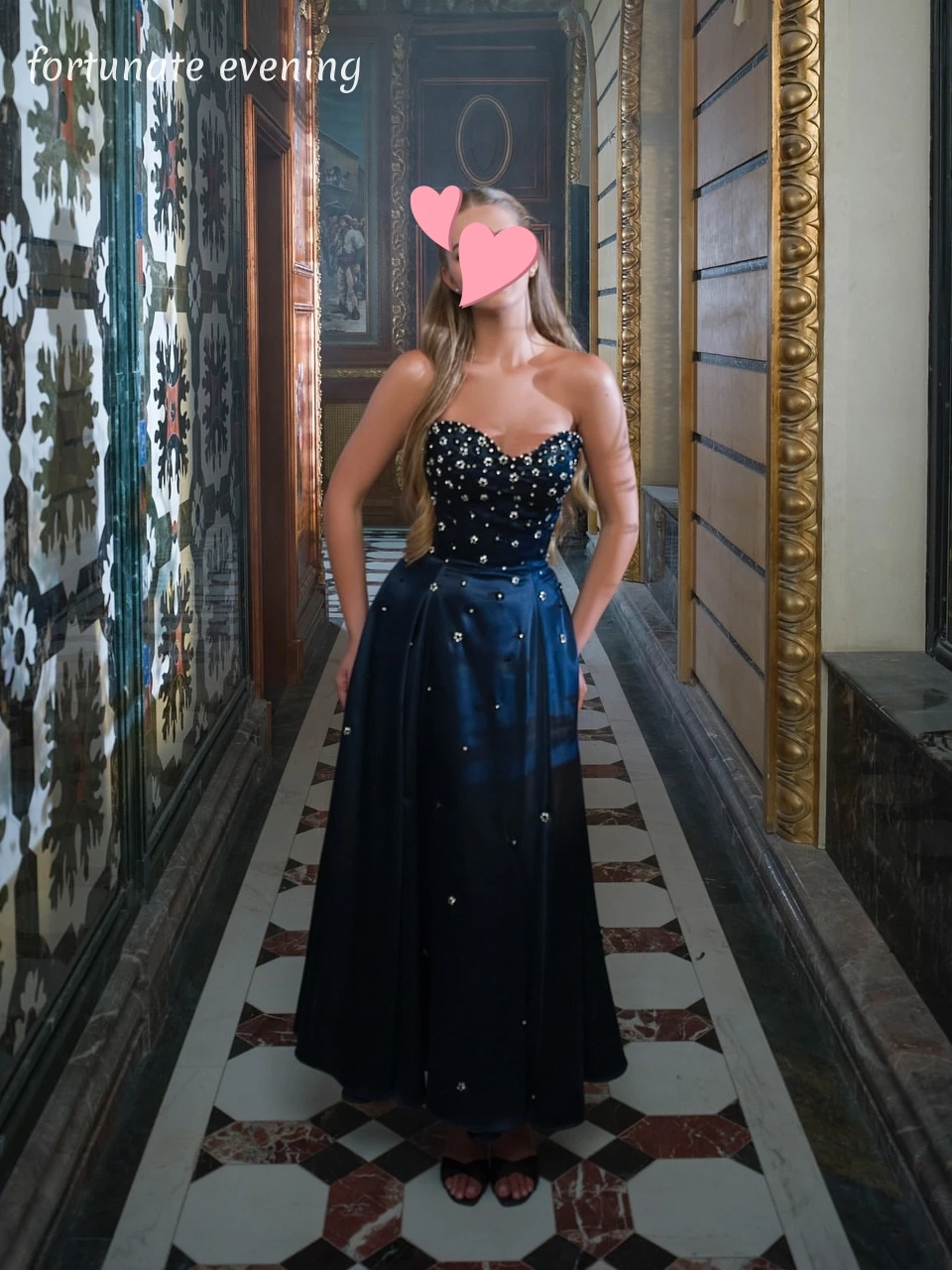 

Fortunate Evening Elegant Vintage Sweet Navy Blue Beads Satin A-Line Customized Formal Occasion Prom Dress Evening Party Gowns
