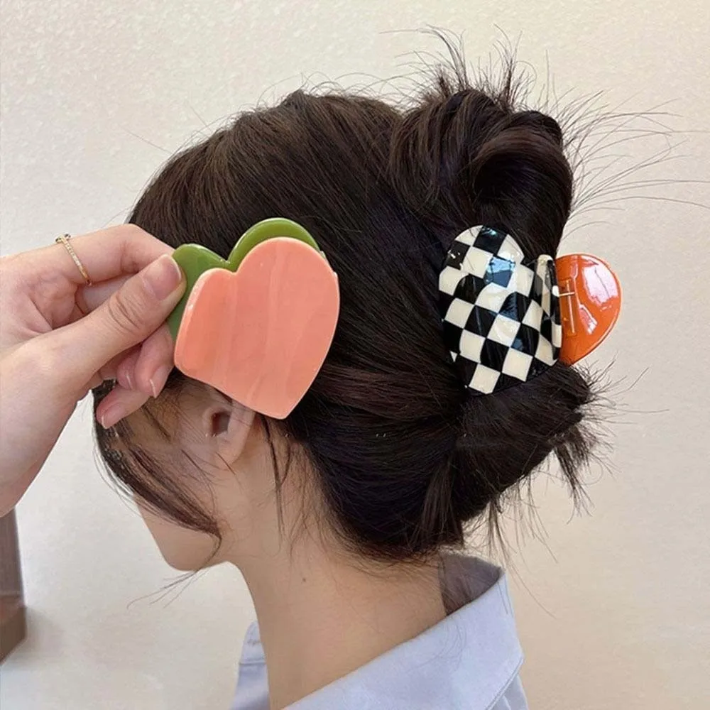 

Hair Clip Elegant Heart Shark Clip Acrylic Korean Style Acetic Acid Hair Claw Contrast Color Headwear Plaid Hair Claw Daily