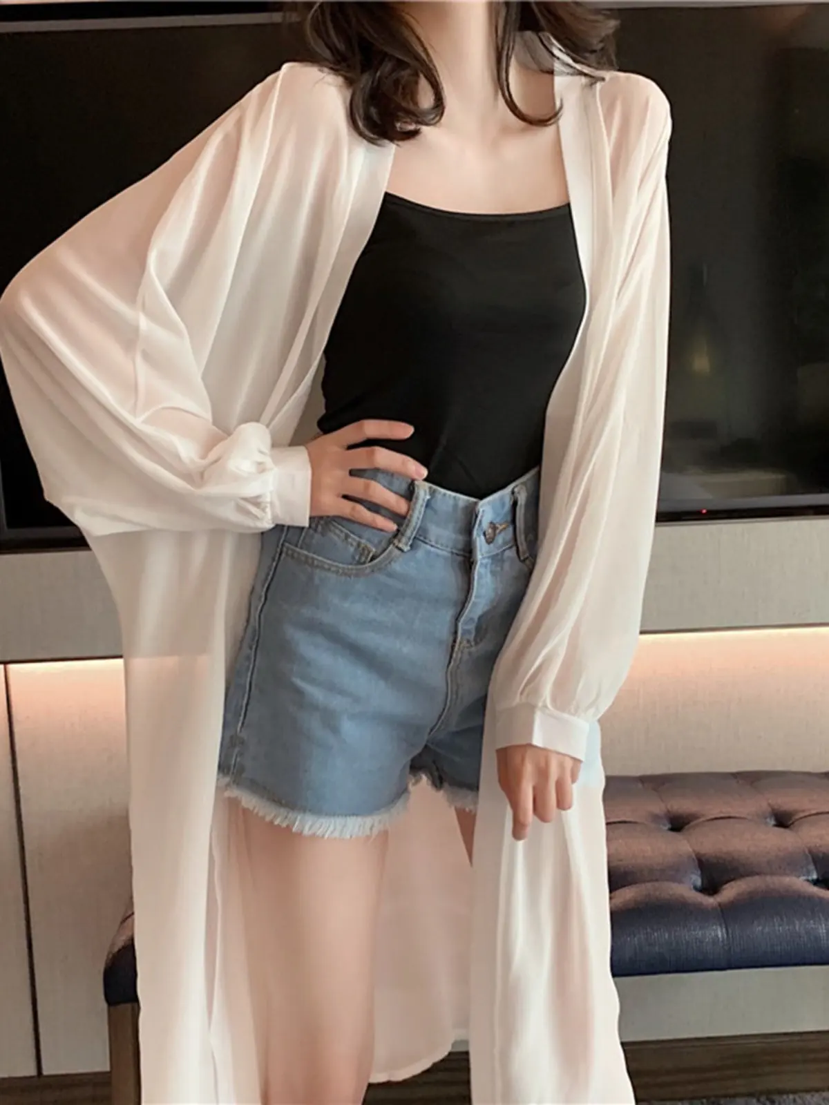 

Женский длинный легкий солнцезащитный кардиган из шифона для весеннего сезона, тонкая накидка для защиты от солнца, средней длины