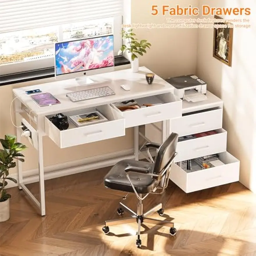 Reversible Computer Desk with 5 Drawers, Sturdy Office Desk with Power Outlets and USB Ports, Study Writing Table