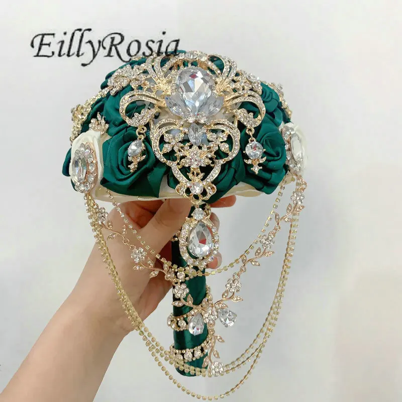 EillyRosia-Bouquet de mariage vert émeraude pour mariée et demoiselle d'honneur, bijoux Bling, broche kly Rotterdam, injRibbon en satin