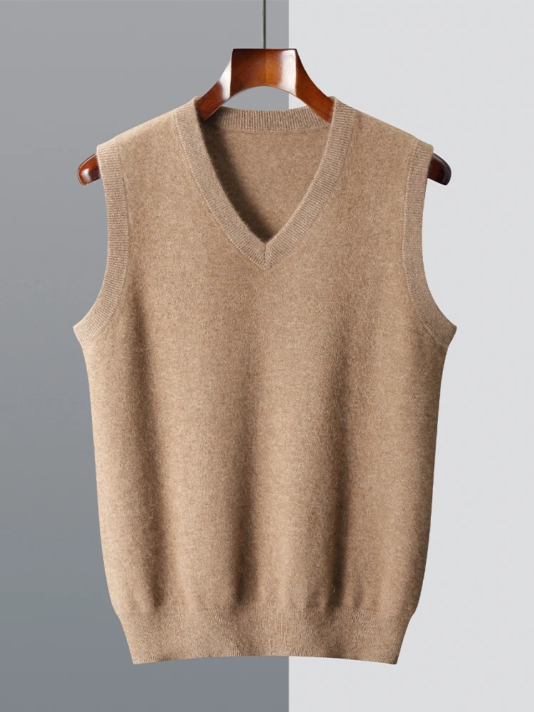 Men V-neck Wool Waistcoat Autumn Winter Sleeveless Pullover Cashmere Sweater 100% Merino Wool Knitwear Basic Smart Casual Cloth