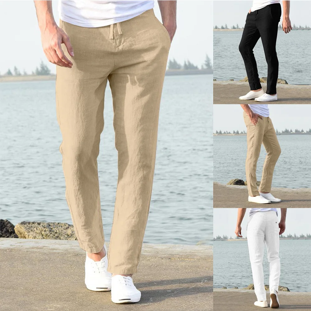 Cotton Blend Pants For Men Fashion Casual Solid Color Elastic Waist Straight Pants Summer Daily Commute Comfortable Pants