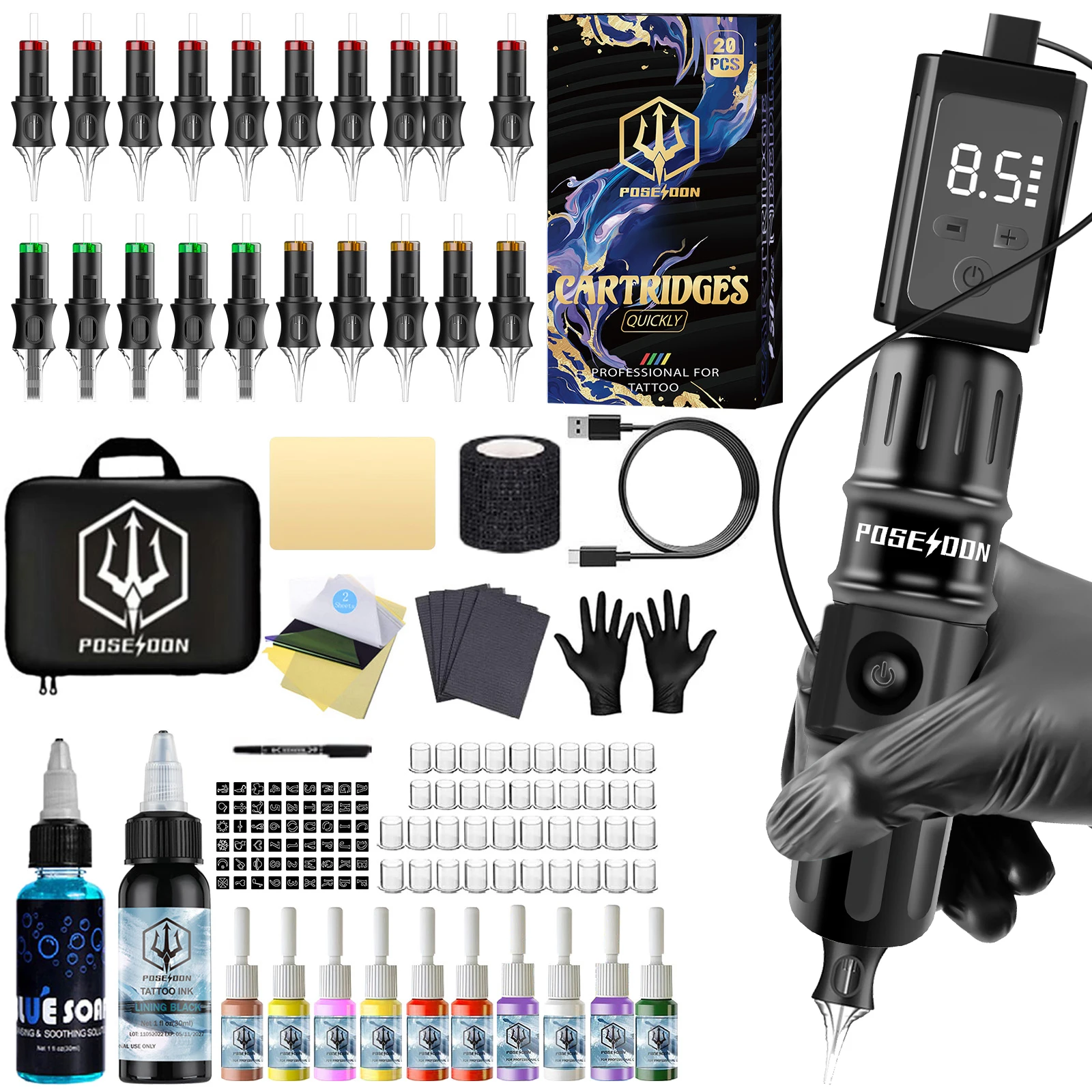 

Tattoo Kit POSEIDON V5 Finger Controlled Tattoo Pen Kit For Permanent Makeup Tattoo Machine Kit New High Power Tattoo Gun Kit