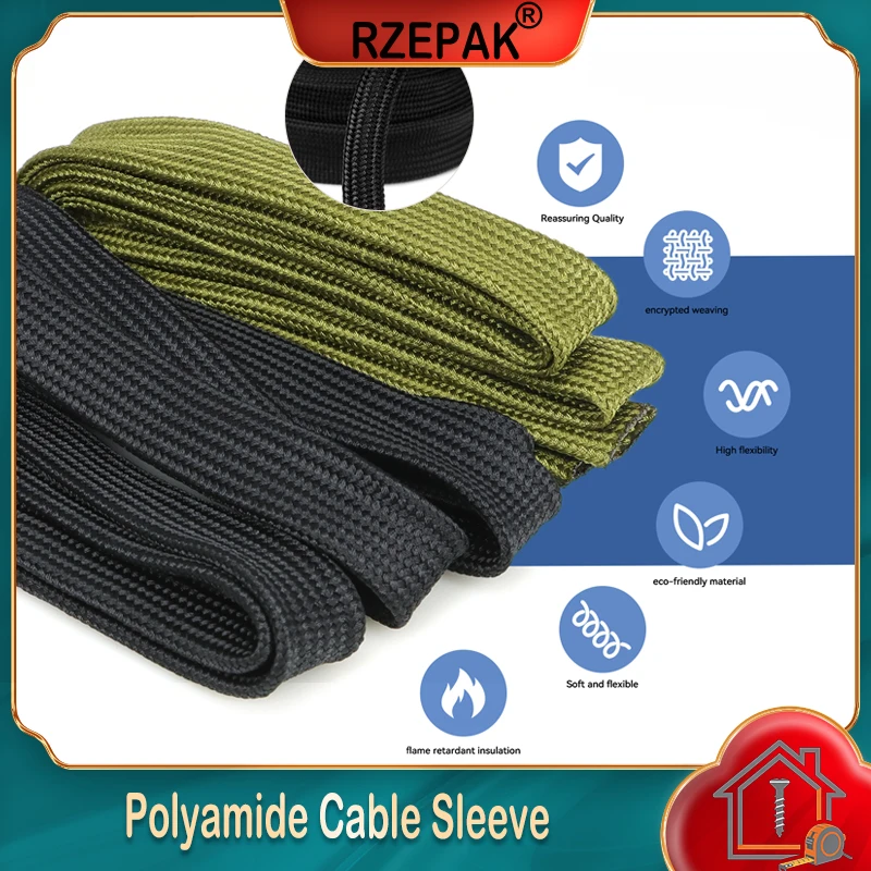 2/5/10m Polyamide Cable Sleeve High Density Braided Black/Army Green 2.5mm ~ 30mm Soft Tight Insulation Wire Line Protect Sheath