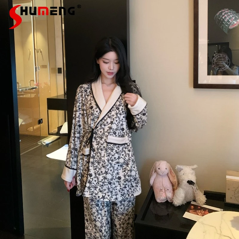 

Thickened Fleece Bathrobe Loungewear Velvet Women's Autumn Winter Pajamas Female Japanese Style Sweet Robes and Pant Set