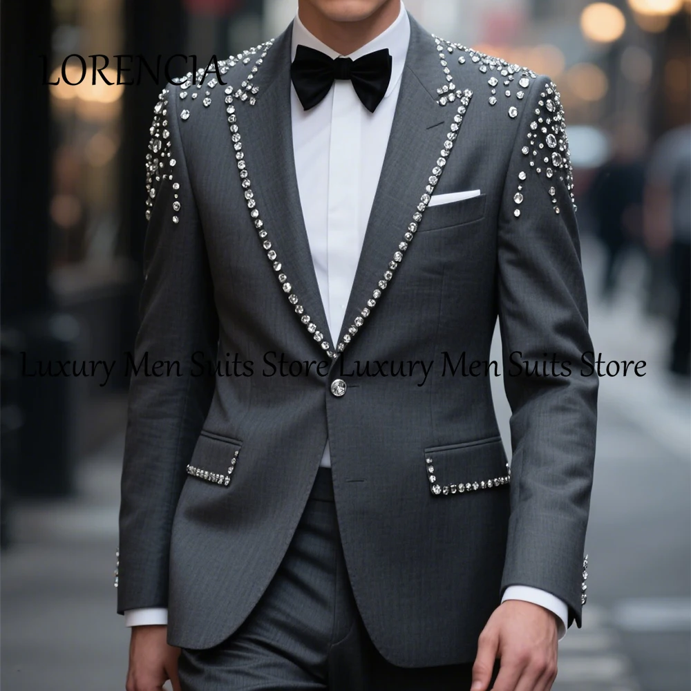 

Casual Sparkly Men Suits 2 Pieces Crystal Tuxedos for Banquet Wedding Outfits Customized Blazer Pants traje juvenil masculino