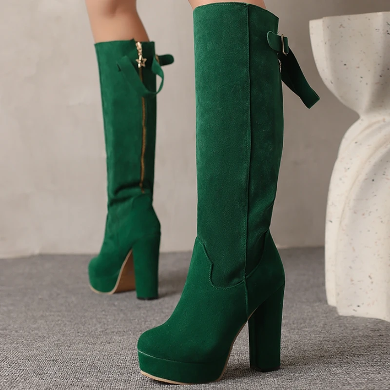 

Замшевые женские сапоги до колена Faxu, 2025 г., зимняя обувь, черные, зеленые, длинные сапоги на высоком каблуке, женская обувь, большой размер 48