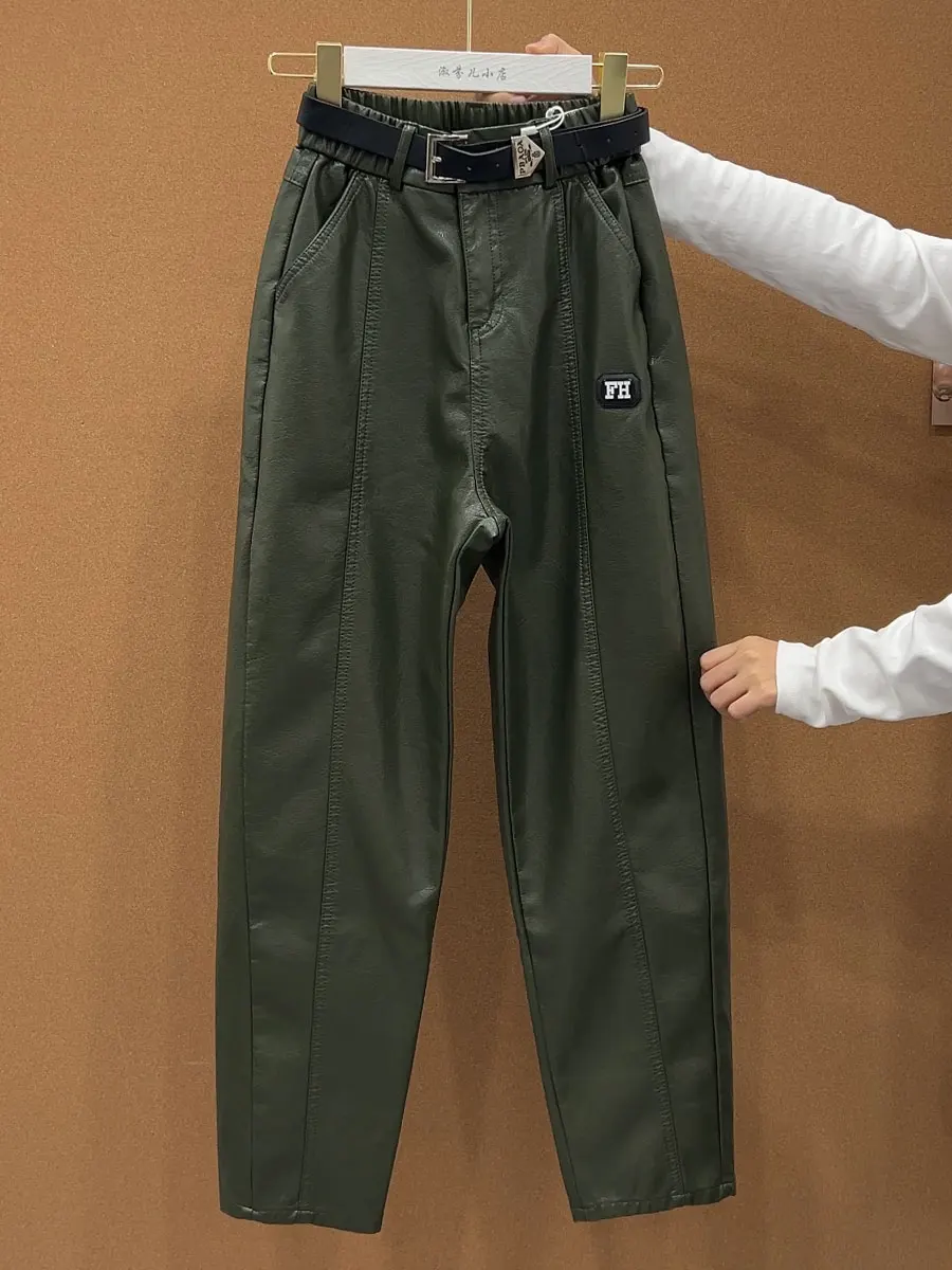 

Thiened Skinny Straight Leg Waed Leather Pants High Waist Belted Casual Trousers for plus Size Women Long 97cm