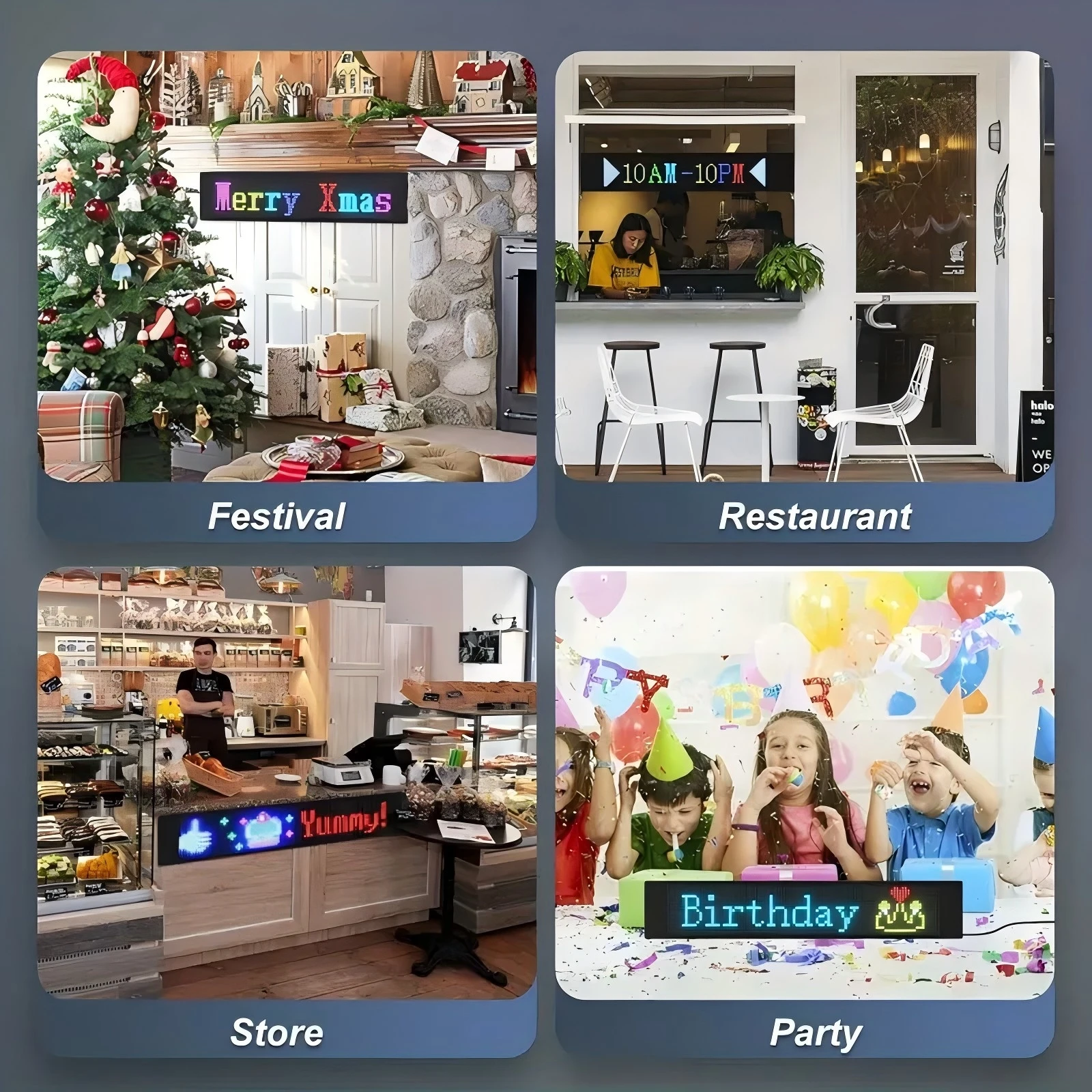 リモコン、アプリ制御付きLEDディスプレイ、広告表示、出口標識に使用可能。