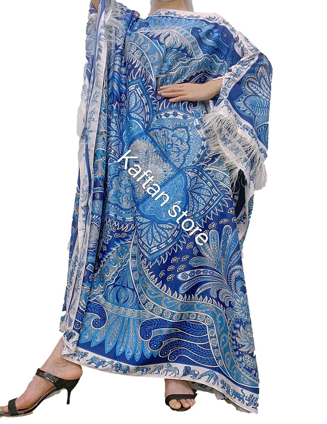 Thailand Popular Vacation Bohemian Twill Silk Printed Loose Batwing Sleeve Feather Kaftan Dress African  Lady  Abaya Clothing