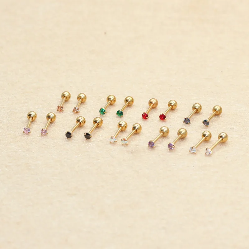 Slim Bar 316L Stainless Steel Ip Plated No Easy Fade Classical Screw-back Stud Earrings With Super Mini 2mm AAA Colors Zircons