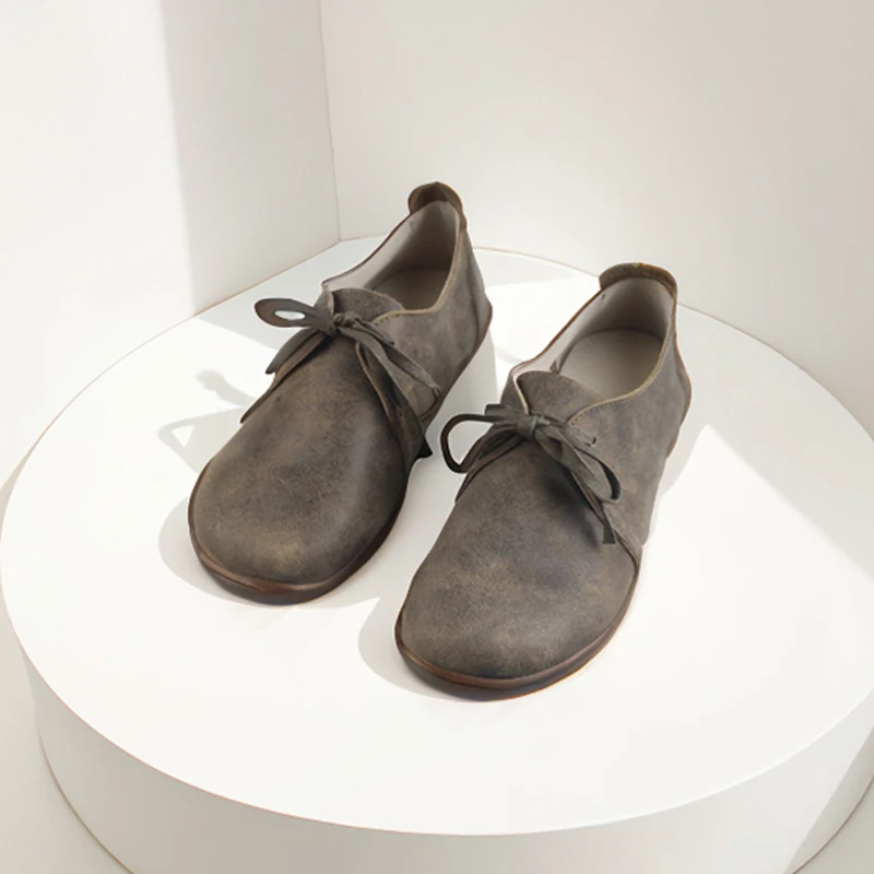 

Barefoot Casual Shoes Women Cowhide Leather Round Toe Flats Ballerinas Lace Up Retro Female Footwear