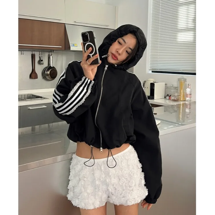 

Lace Trimmed Double Bar Coat Women's Hooded Sweet Dstring Waist ort Sun Protection irt Trendy Korean Sle Regular Fit