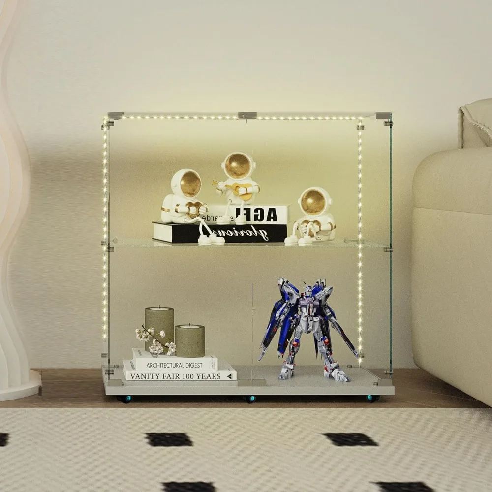 Modern Rolling Glass Curio Cabinet with LED Lights, 2 Doors, 2 Shelves, Lockable, 34.17 High
