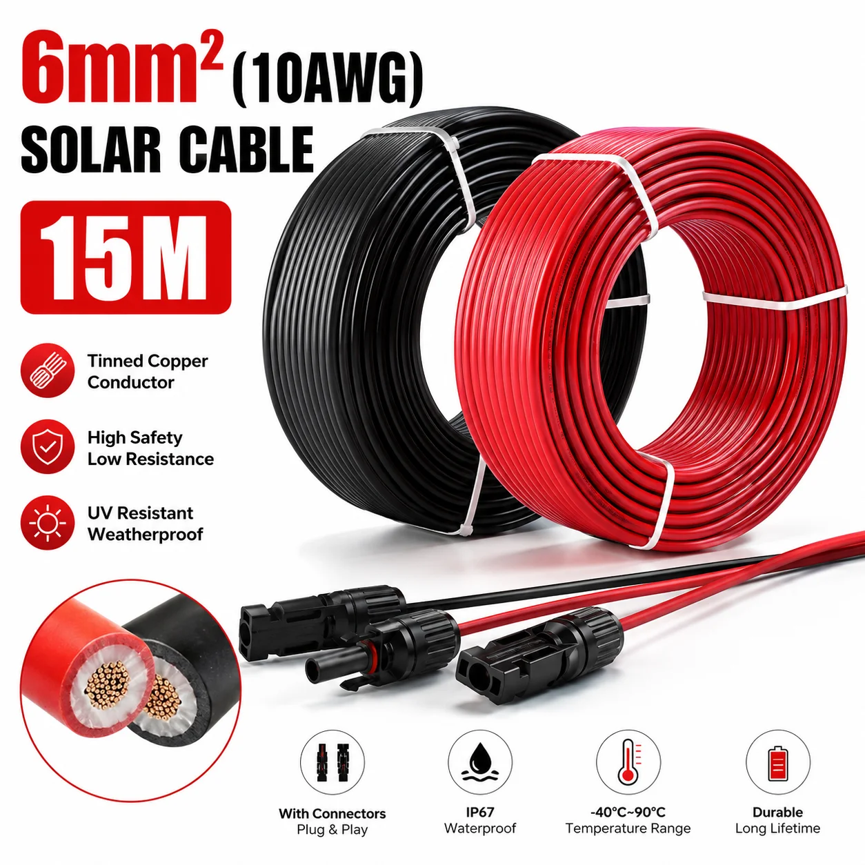 PowMr 15M Rot-Schwarz 6mm² 10AWG Solar-Verlängerungskabel PV-Photovoltaik-Draht mit MC4-Stecker für Solarpanel Zuhause Wohnmobil Yacht Auto
