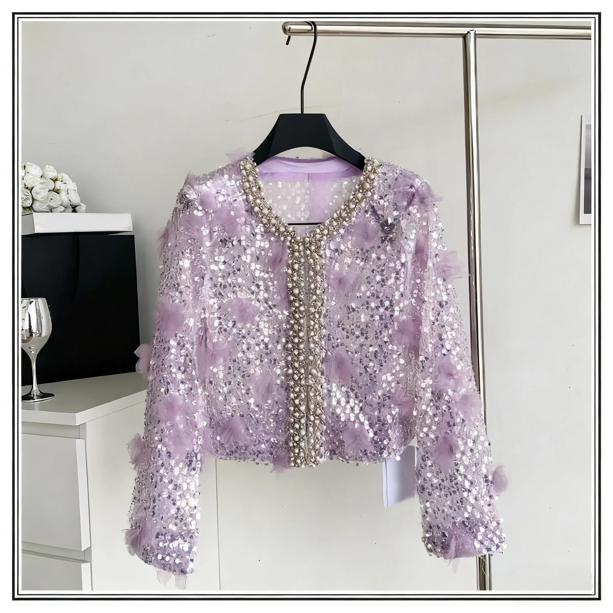 

Fragrance Style Fashionable Nail Bead Inlaid Diamond Cardigan Jacket French Three-Dimensional Flower Sequin Sparkling Top