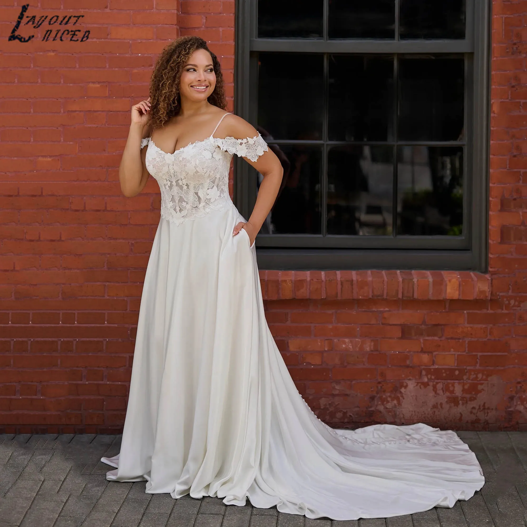 

Off Shoulder Satin Wedding Gown Spaghetti Straps A-line Modern Bride Dress Backless V-neck Plus Size vestido de novia Customized