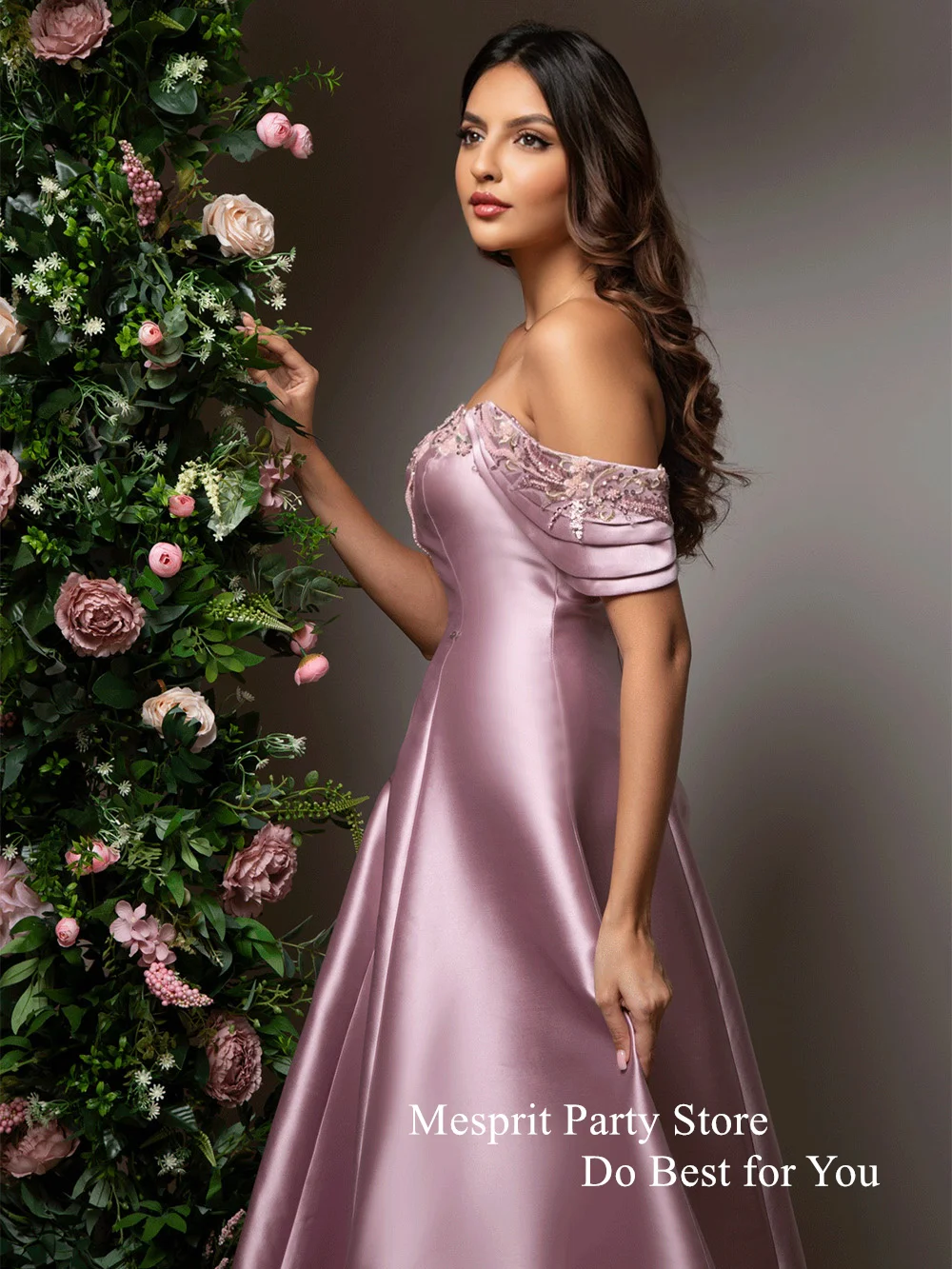 Classic Satin Prom Dress Boat Neck Off The Shoulder Beading Applique A Line Pink Party Dress for Bridesmaid Evening Gown 2024