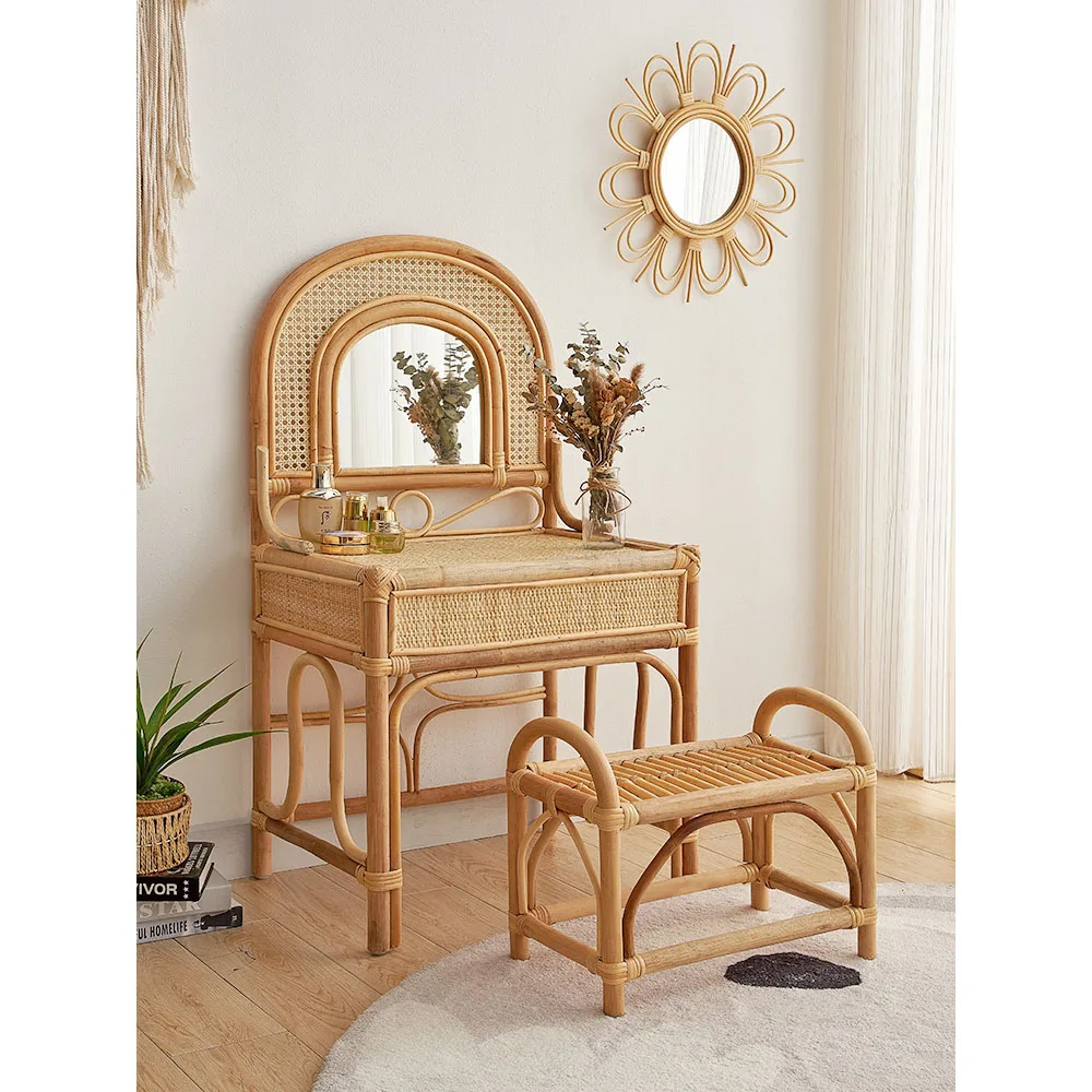 !@Bedroom Furniture Wood Dresser With Mirror Drawer Rattan Vanity Set Chair Wooden Dressing Table Makeup