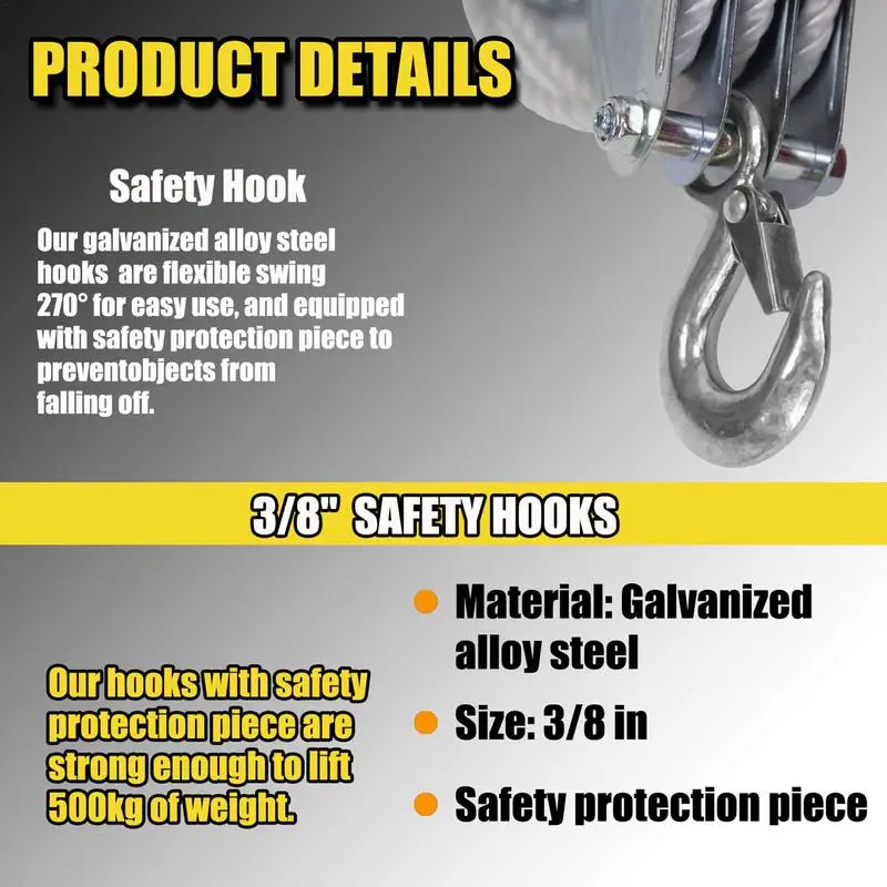 Rope Hoist Pulley System 5:1 Lifting Power 3/8 Rope Hoist Pulley Heavy Duty Multifunctional Rope Pulley With 2200 LBS Breaking