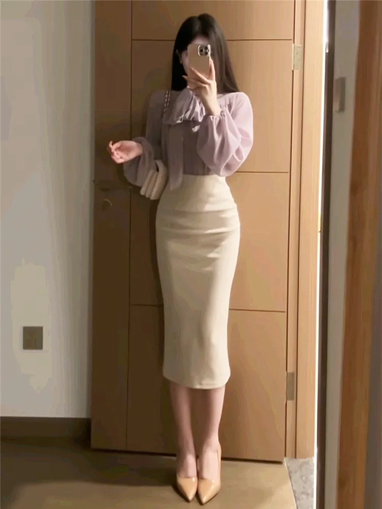 

Spring Summer Elastic Long Slim Fit f Body Skirt High Waist Pleated Posture High Split Korean Sle Commute