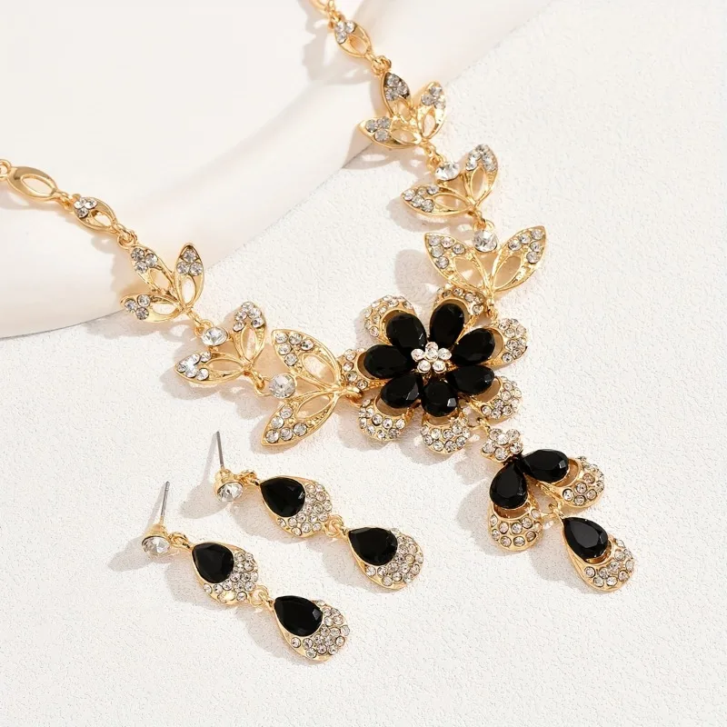 Vintage Luxury Zircon Black Droplet Flower Tassel Necklace Earrings Jewelry Set Elegant Women\'s Festival Banquet Accessories