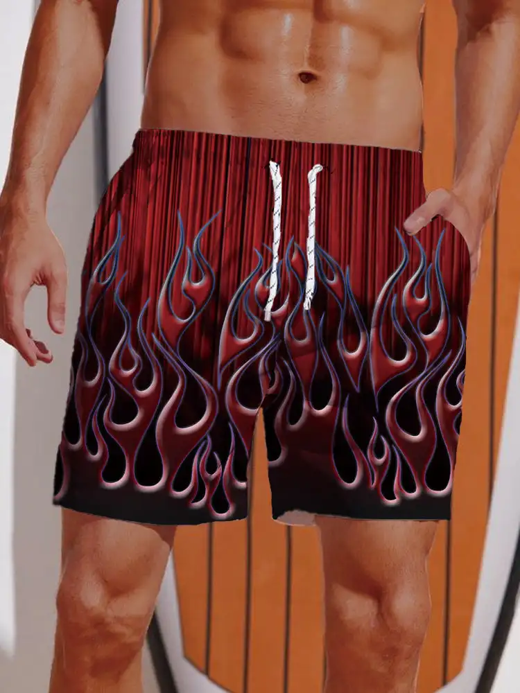 3D Printed Striped Flame Beach Shorts Men's Splicing Grid Pattern Board Shorts Summer Drawstring Breathable Hawaiian Swim Trunks