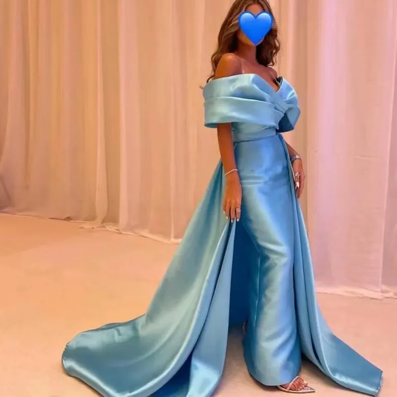 

Sky Blue Saudi Arabia Women Wear Long Sheath Prom Dresses with Detachable Train Ruched Off Shoulder Formal Evening Party Gowns