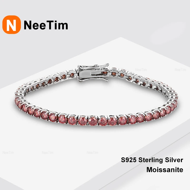 NeeTim Orange Red Moissanite Tennis Bracelet s925 Sterling Silver with White Gold Plated Moissanite Bracelets for Women Man