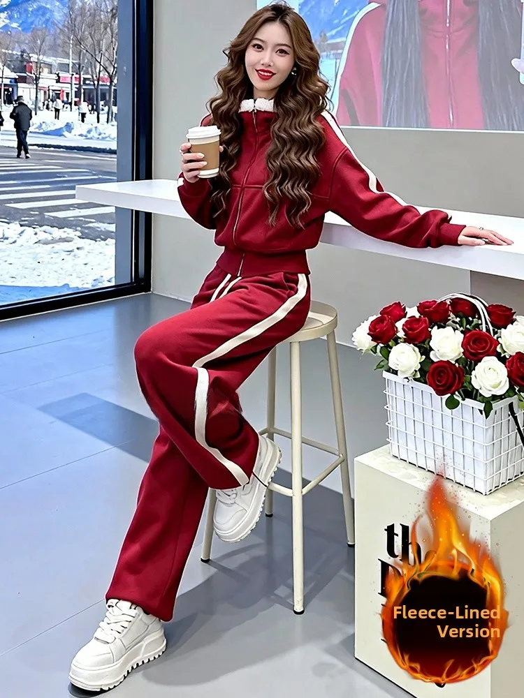 

Red Fleece Lined Casual Sportswear Set Women's Winter High Waist Wide Leg Pants Hoodie Cardigan Two Piece Trendy Streetwear