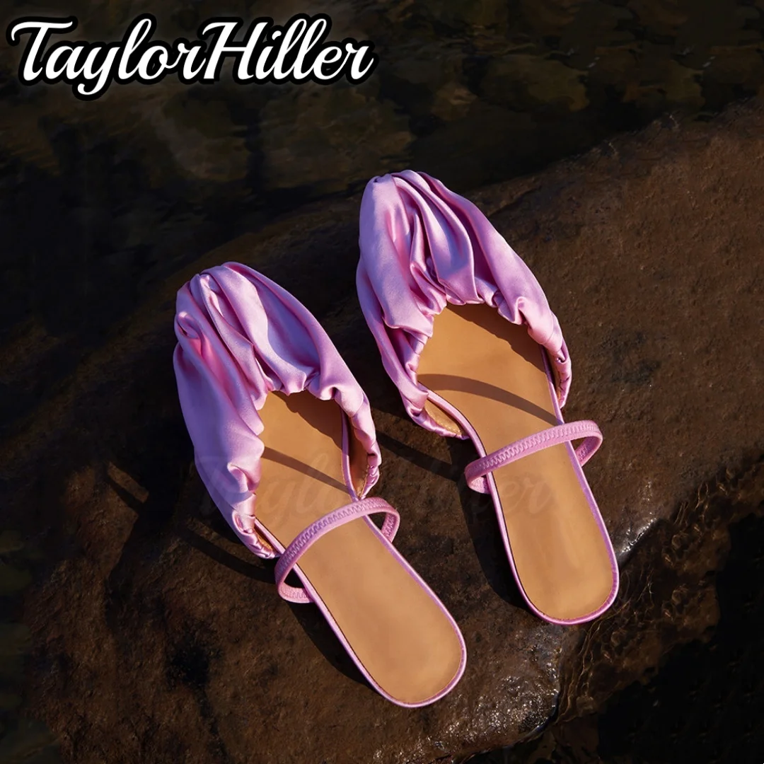 Blossom Pleated Mule Sandals One Strap Decor Satin High Heels Women Summer Designer Pink Blue Green Shoes Outer Elegant Slippers