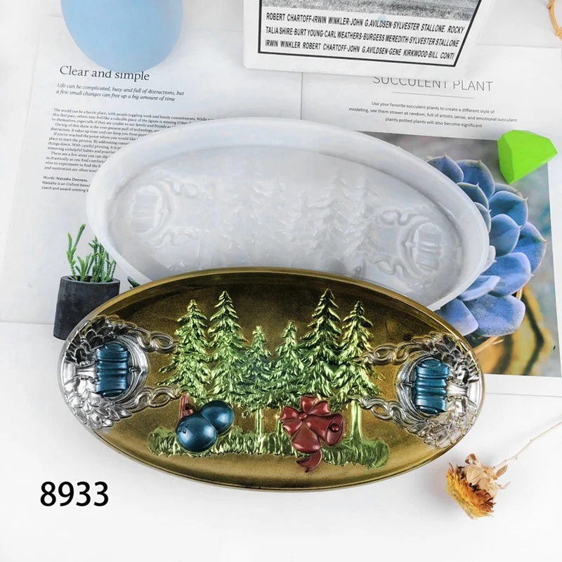 1 PCS Christmas Tray Silicone Mold White Storage Tray Ornaments DIY Oval Semi-Dimensional Christmas Decorative Tray