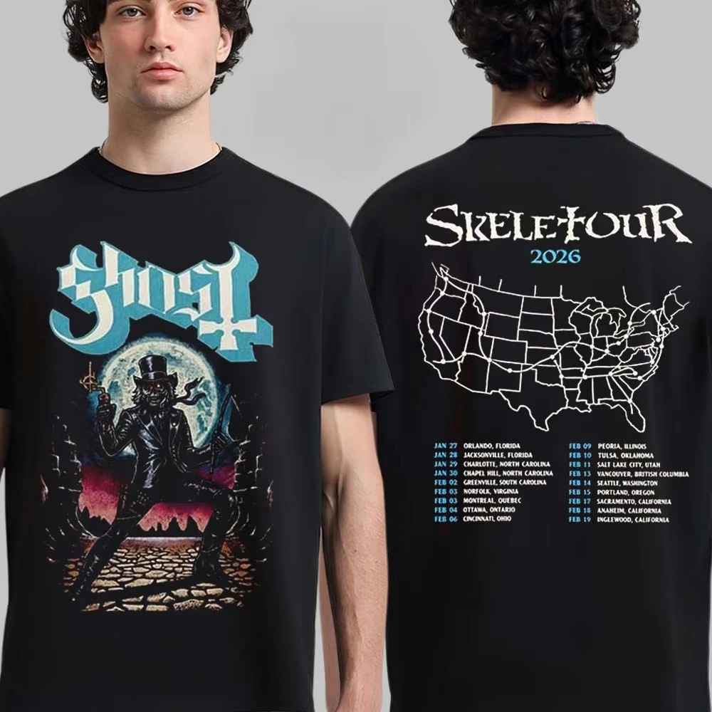 Ghost Skeletour 2026 Gentleman Skeleton Print Tee Occult Art Metal Band Streetwear Casual Unisex Top with US Tour Map